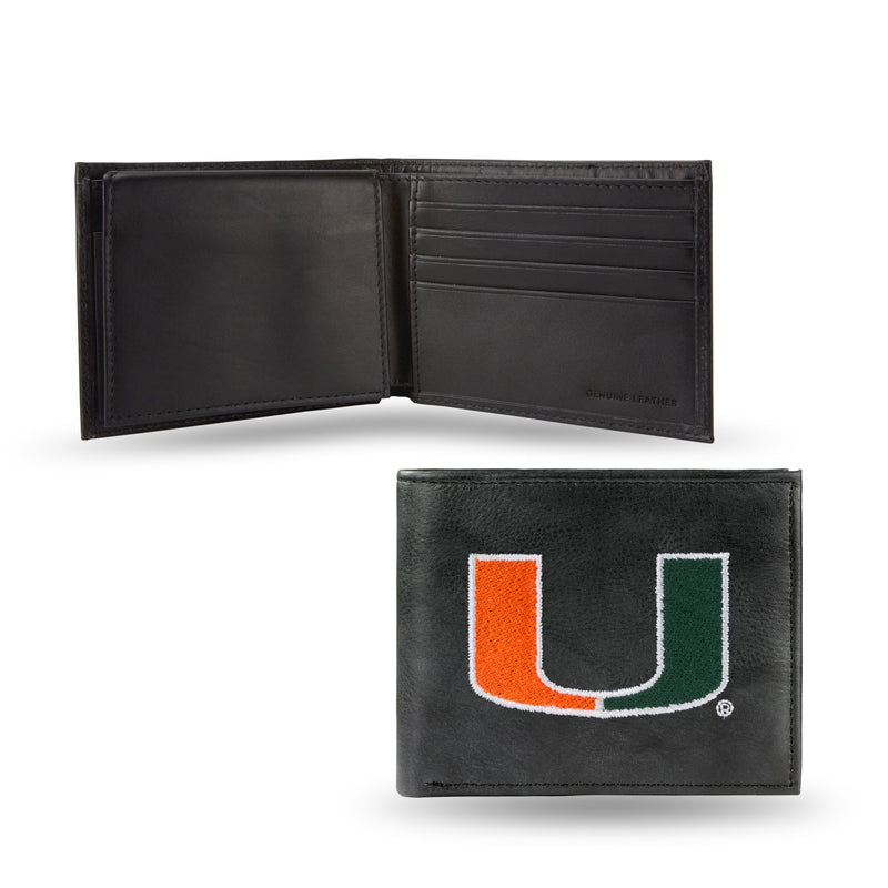 NCAA Miami Hurricanes Embroidered Genuine Leather Billfold Wallet 3.25" x 4.25" - Slim By Rico Industries