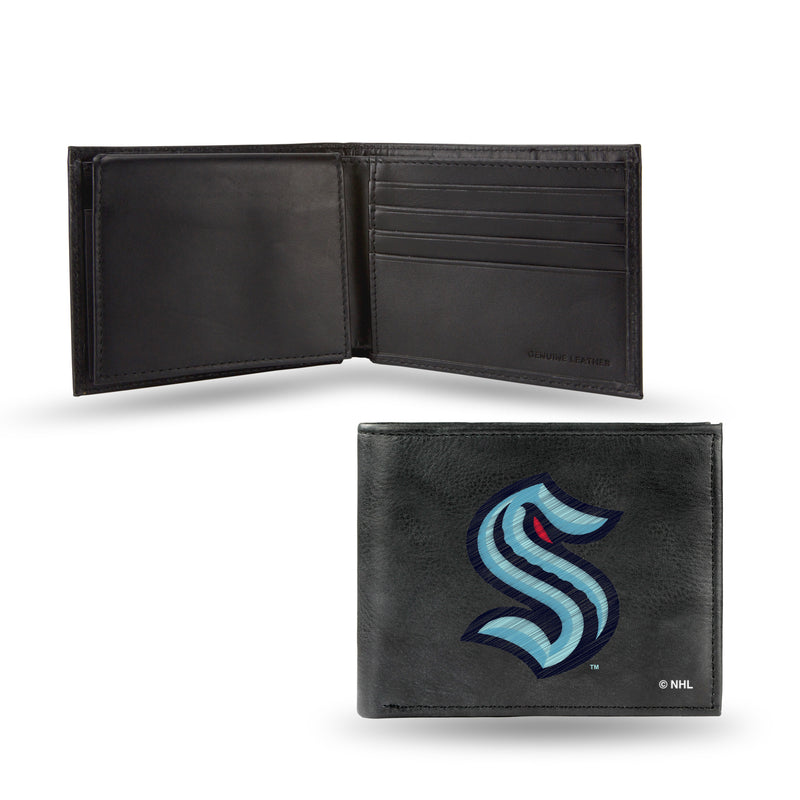 NHL Seattle Kraken Embroidered Genuine Leather Billfold Wallet 3.25" x 4.25" - Slim By Rico Industries