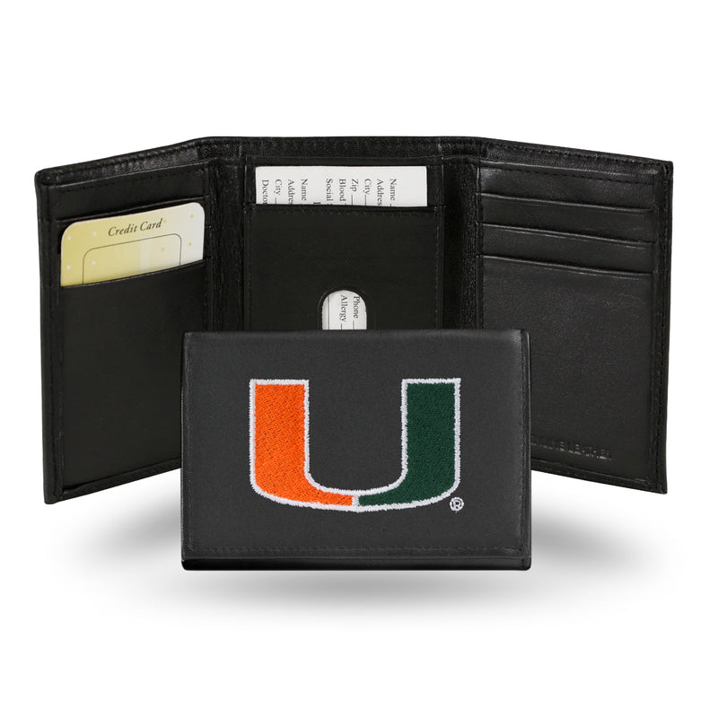 NCAA Miami Hurricanes Embroidered Genuine Leather Tri-fold Wallet 3.25" x 4.25" - Slim By Rico Industries