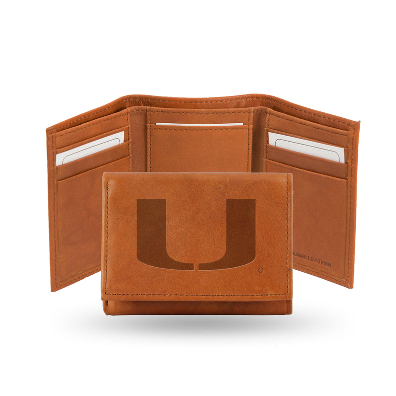 NCAA Miami Hurricanes Brown Embossed Genuine Leather Tri-Fold Wallet By Rico Industries