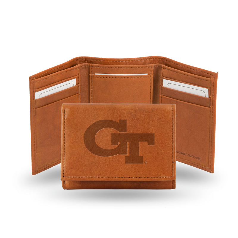 NCAA Georgia Tech Yellow Jackets Brown Embossed Genuine Leather Tri-Fold Wallet By Rico Industries
