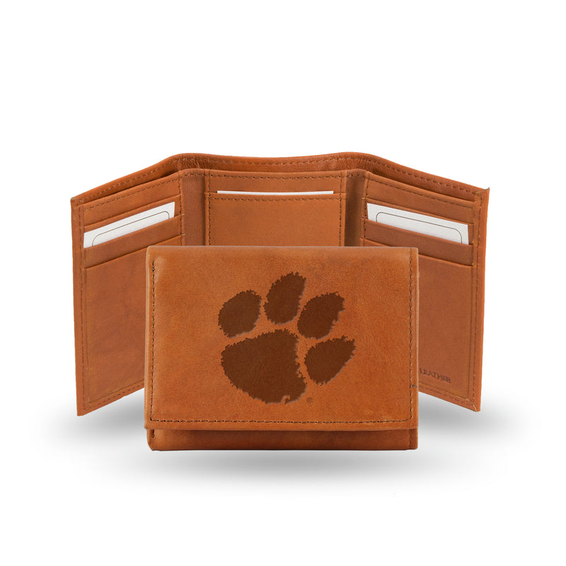 NCAA Clemson Tigers Brown Embossed Genuine Leather Tri-Fold Wallet By Rico Industries