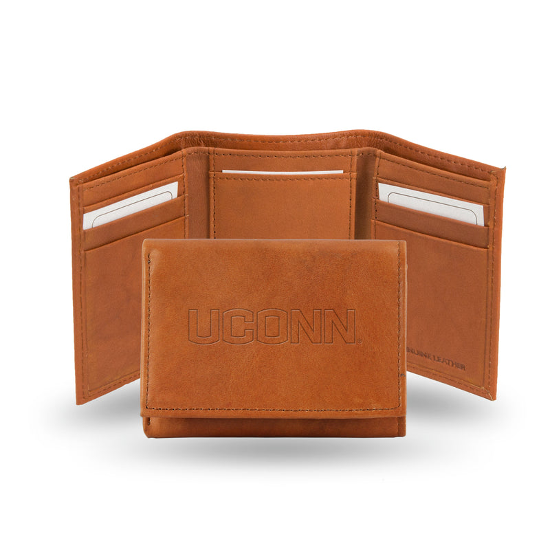 NCAA Connecticut Huskies Brown Embossed Genuine Leather Tri-Fold Wallet By Rico Industries