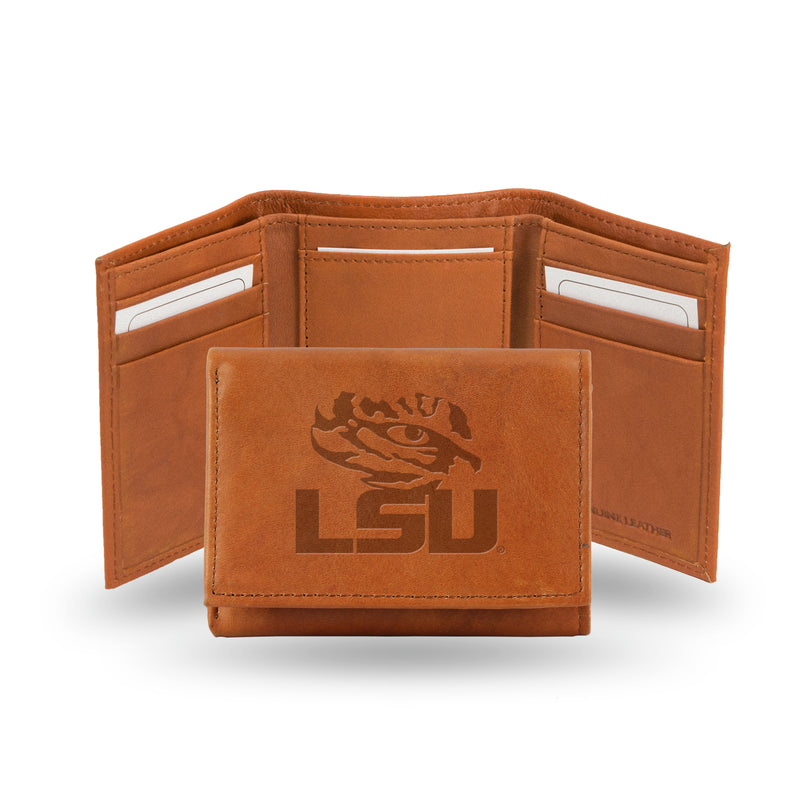 NCAA LSU Tigers Brown Embossed Genuine Leather Tri-Fold Wallet By Rico Industries