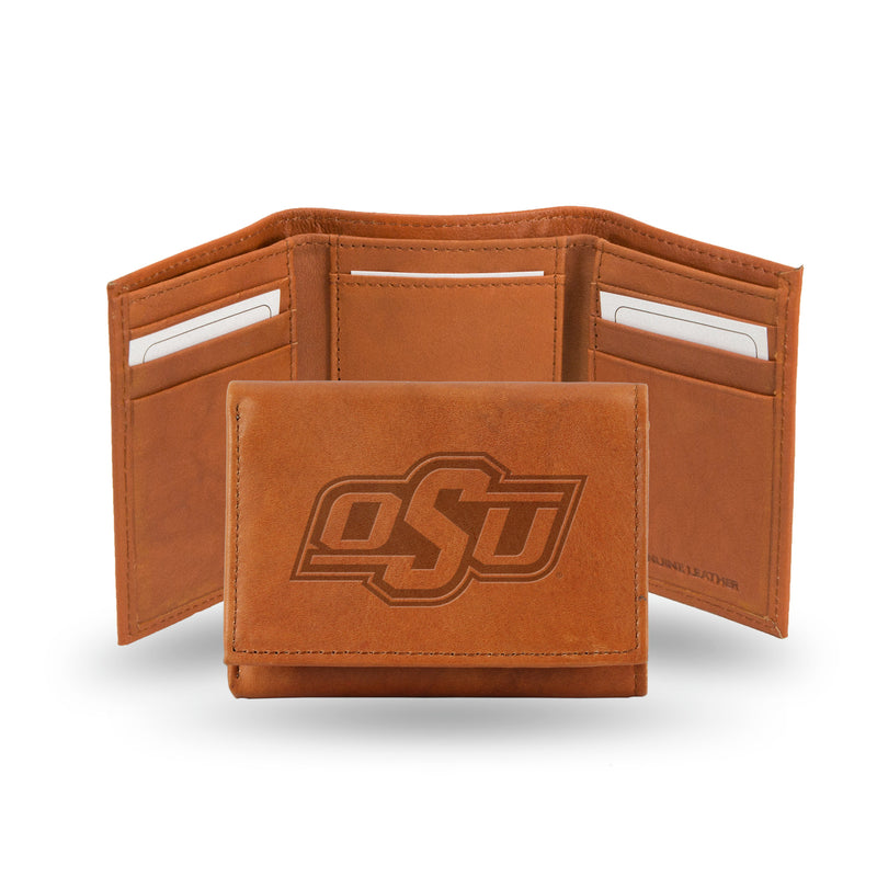 NCAA Oklahoma State Cowboys Brown Embossed Genuine Leather Tri-Fold Wallet By Rico Industries