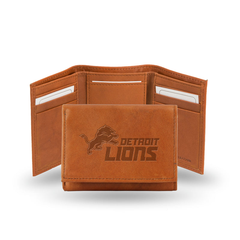 NFL Detroit Lions Brown Embossed Genuine Leather Tri-Fold Wallet By Rico Industries