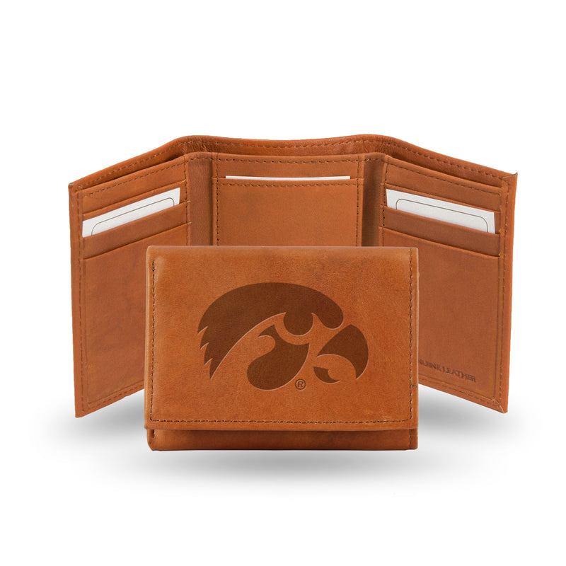 NCAA Iowa Hawkeyes Brown Embossed Genuine Leather Tri-Fold Wallet By Rico Industries