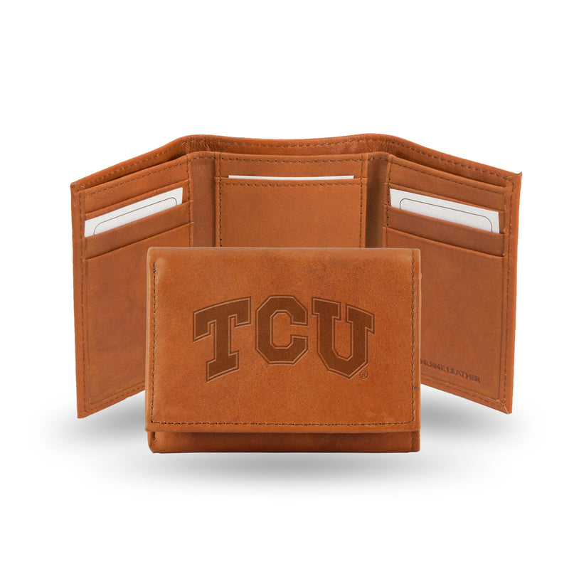 NCAA TCU Horned Frogs Brown Embossed Genuine Leather Tri-Fold Wallet By Rico Industries