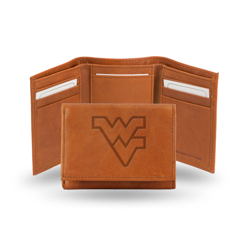 NCAA West Virginia Mountaineers Brown Embossed Genuine Leather Tri-Fold Wallet By Rico Industries