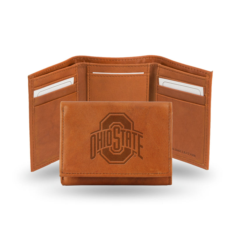 NCAA Ohio State Buckeyes Brown Embossed Genuine Leather Tri-Fold Wallet By Rico Industries