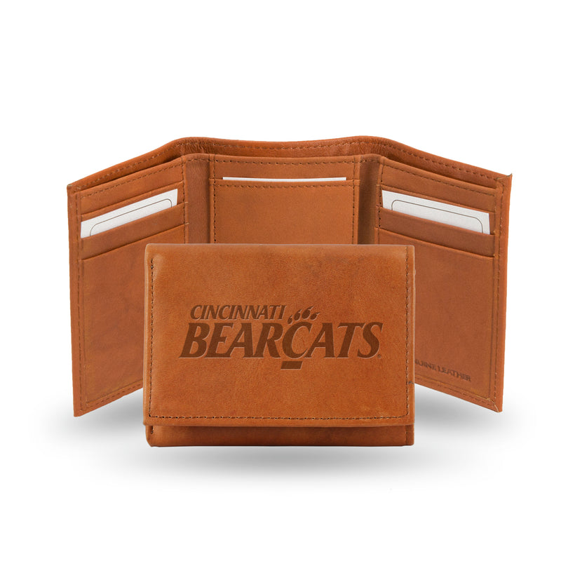 NCAA Cincinnati Bearcats Brown Embossed Genuine Leather Tri-Fold Wallet By Rico Industries