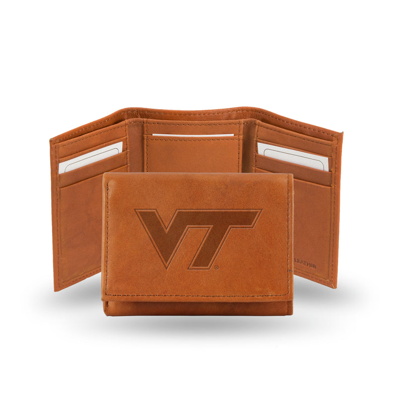 NCAA Virginia Tech Hokies Brown Embossed Genuine Leather Tri-Fold Wallet By Rico Industries