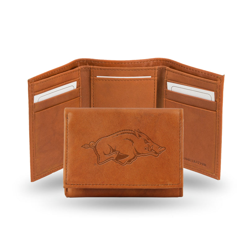 NCAA Arkansas Razorbacks Brown Embossed Genuine Leather Tri-Fold Wallet By Rico Industries