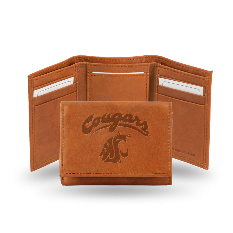 NCAA Washington State Cougars Brown Embossed Genuine Leather Tri-Fold Wallet By Rico Industries