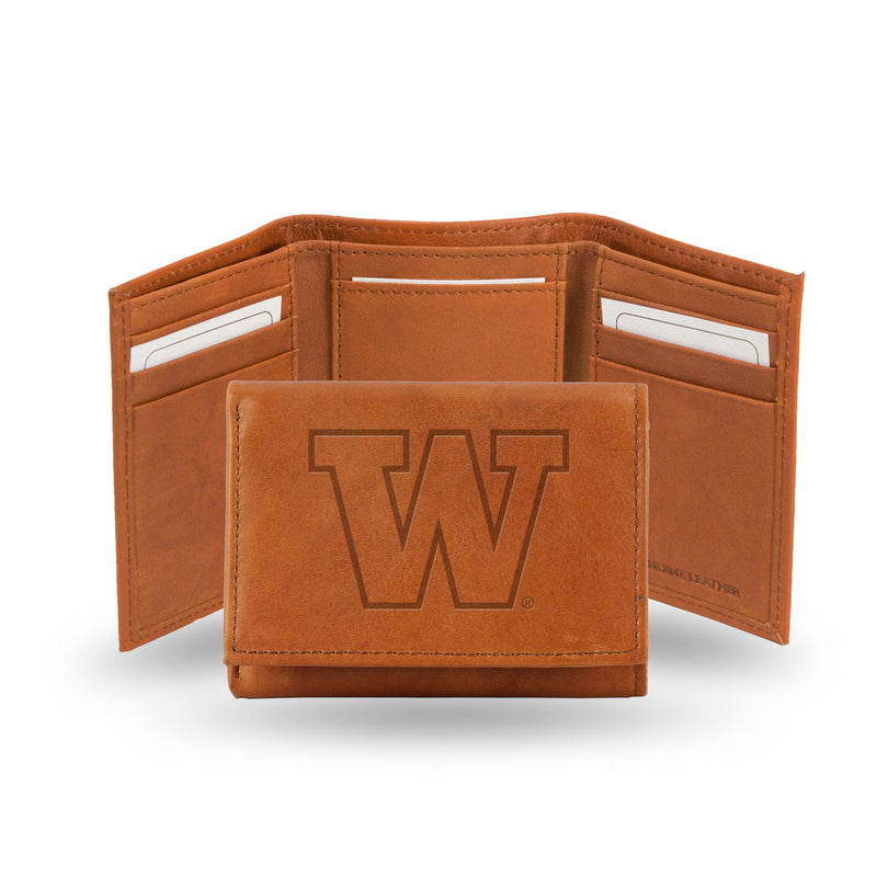 NCAA Washington Huskies Brown Embossed Genuine Leather Tri-Fold Wallet By Rico Industries