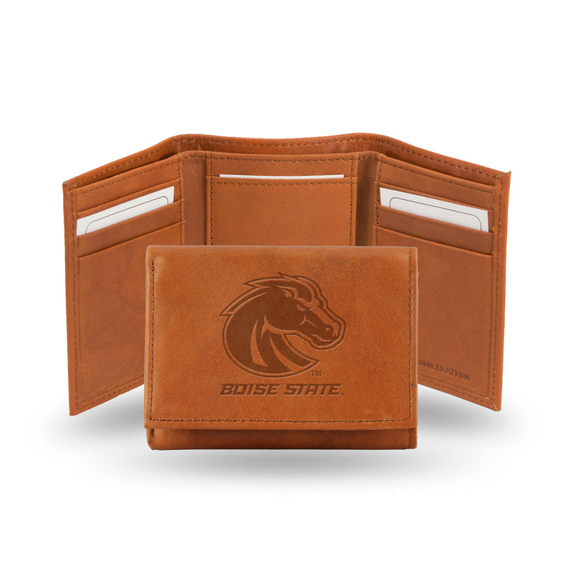 NCAA Boise State Broncos Brown Embossed Genuine Leather Tri-Fold Wallet By Rico Industries