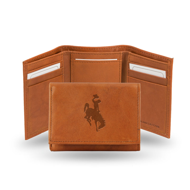 NCAA Wyoming Cowboys Brown Embossed Genuine Leather Tri-Fold Wallet By Rico Industries